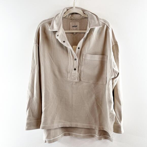 Aerie Chorewear Long Sleeve Popover Oversized 1/2 Snap Sweatshirt Tan Beige S - Picture 4 of 5